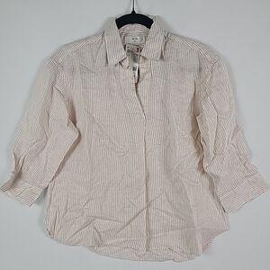UNIQLO Women's 100% Linen Skipper Collar Shirt White Pink Stripes Popover Sz XXS